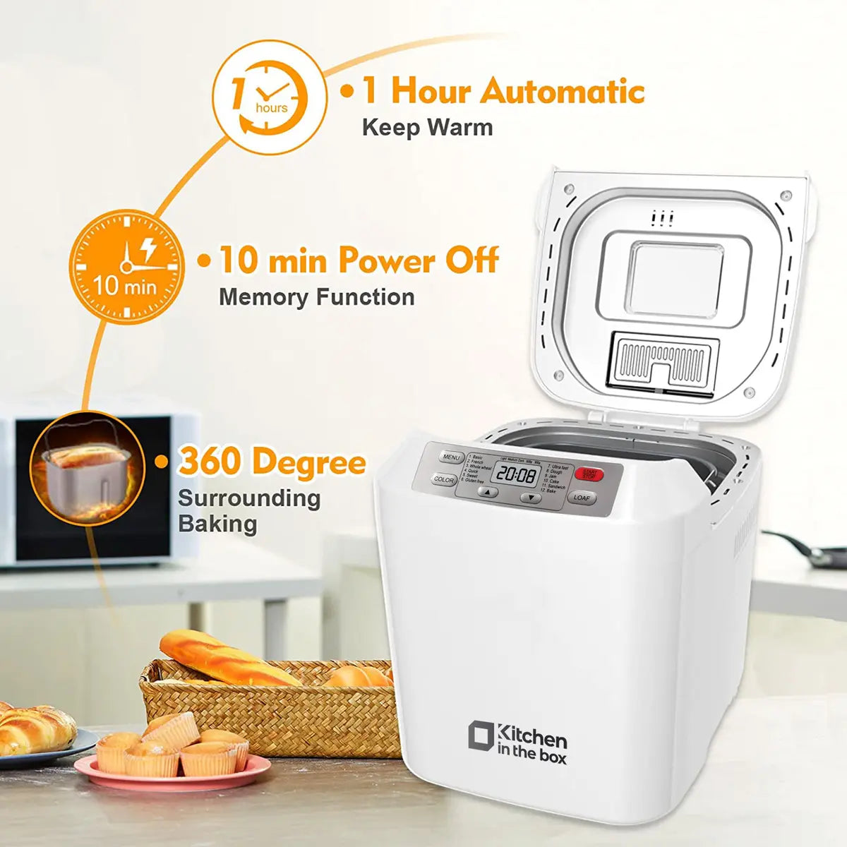 Automatic Bread Maker, 2LB Capacity, 12-in-1, Auto Fruit & Nut Dispenser, 13H Timer, Gluten-Free