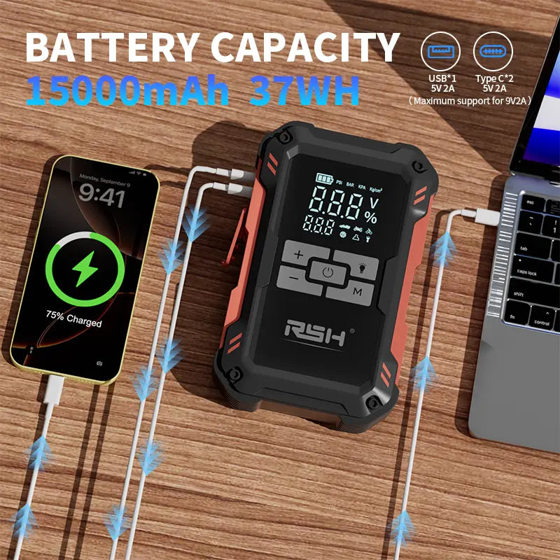15000mAh Jump Starter with 150 PSI Air Compressor, Fast Charging, Tire Pressure Check & LED Light