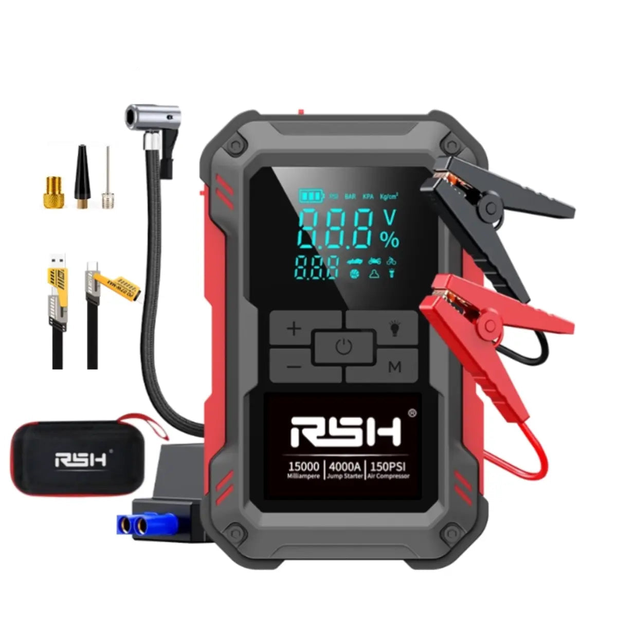 15000mAh Jump Starter with 150 PSI Air Compressor, Fast Charging, Tire Pressure Check & LED Light